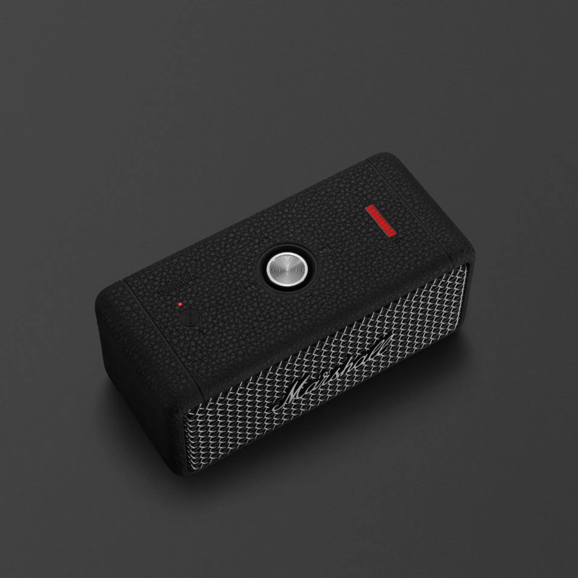 Marshall Emberton II portable Bluetooth speaker in black with silver mesh grille, metallic control knob, and red LED indicat…