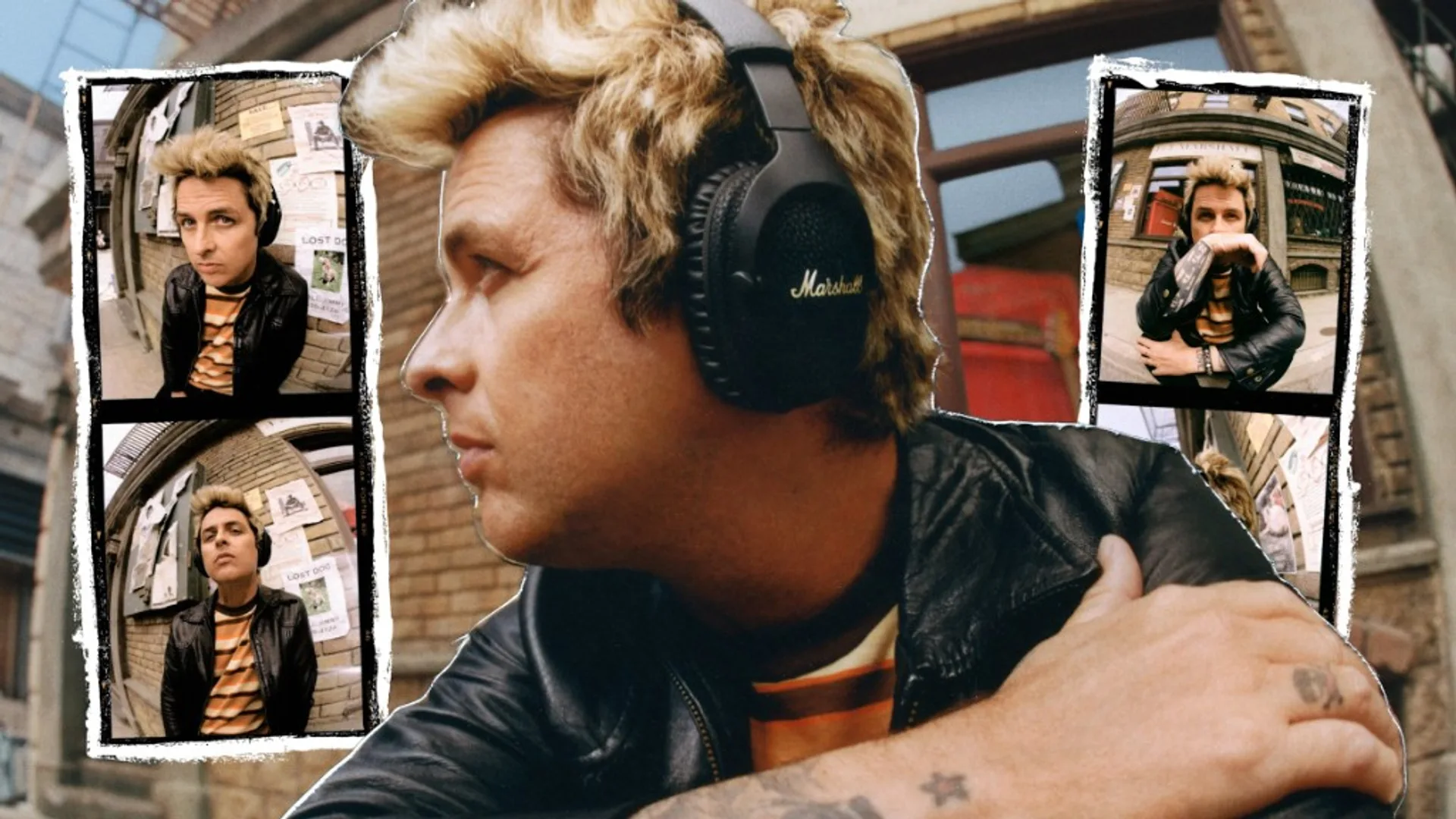 Billie Joe Armstrong wearing Marshall Monitor III A.N.C. headphones: central profile and film-strip style urban alley photos.