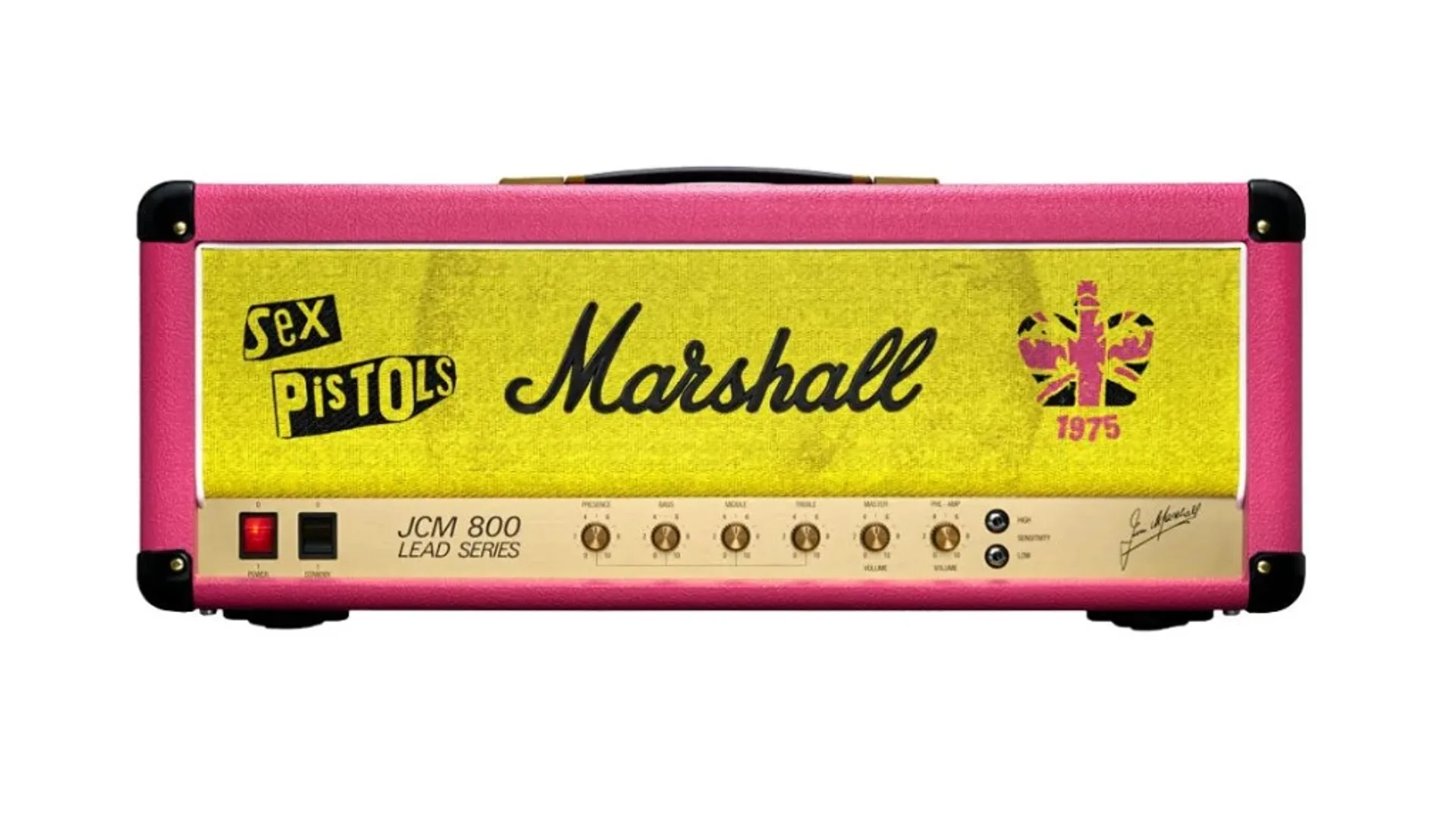 Front view of Marshall x Sex Pistols JCM800 Lead Series head: pink tolex, yellow grille with logos, gold control panel and J…