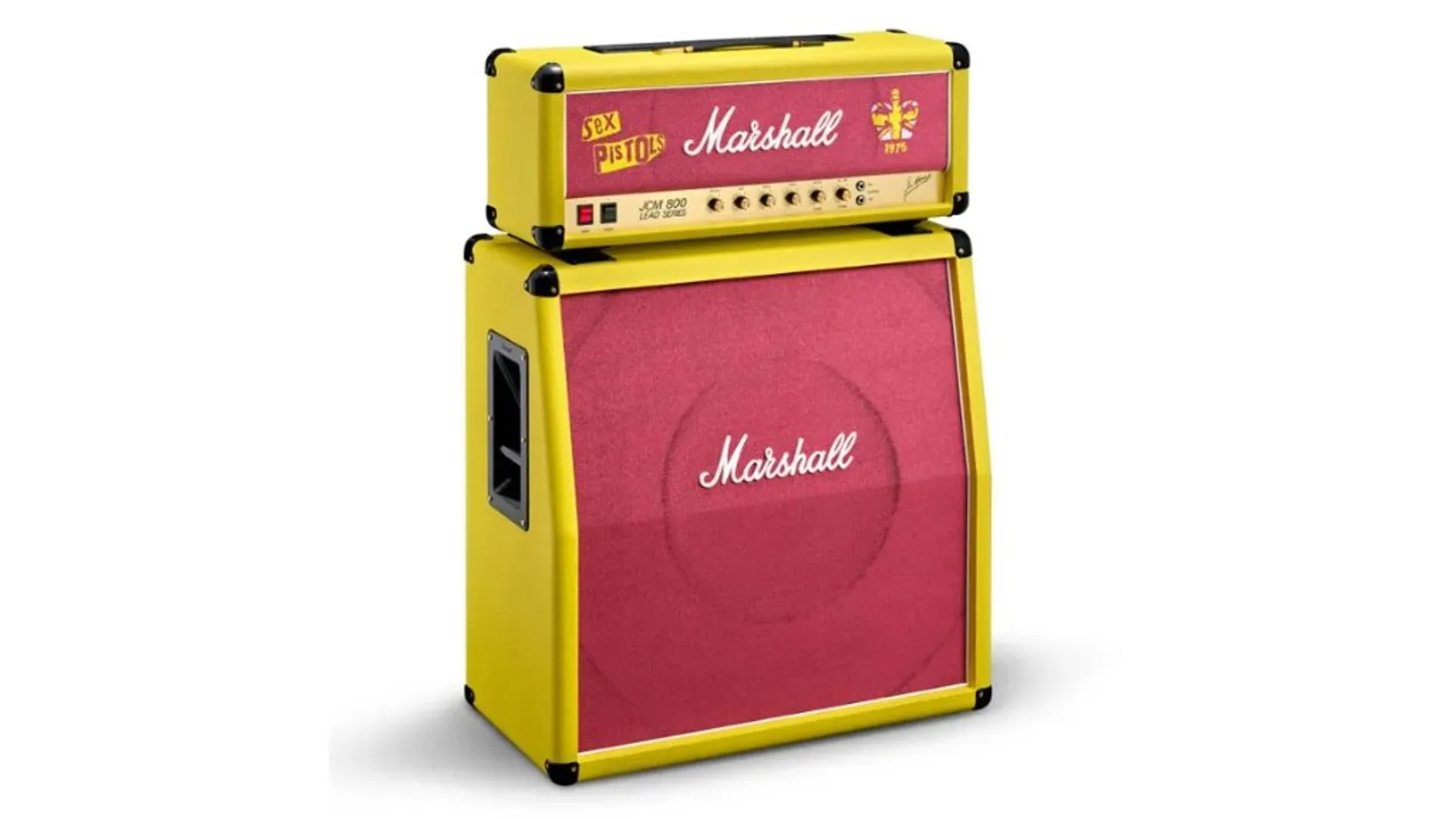 Marshall x Sex Pistols limited-edition JCM800 head on matching angled cabinet: yellow tolex, pink grille, Sex Pistols and Ma…