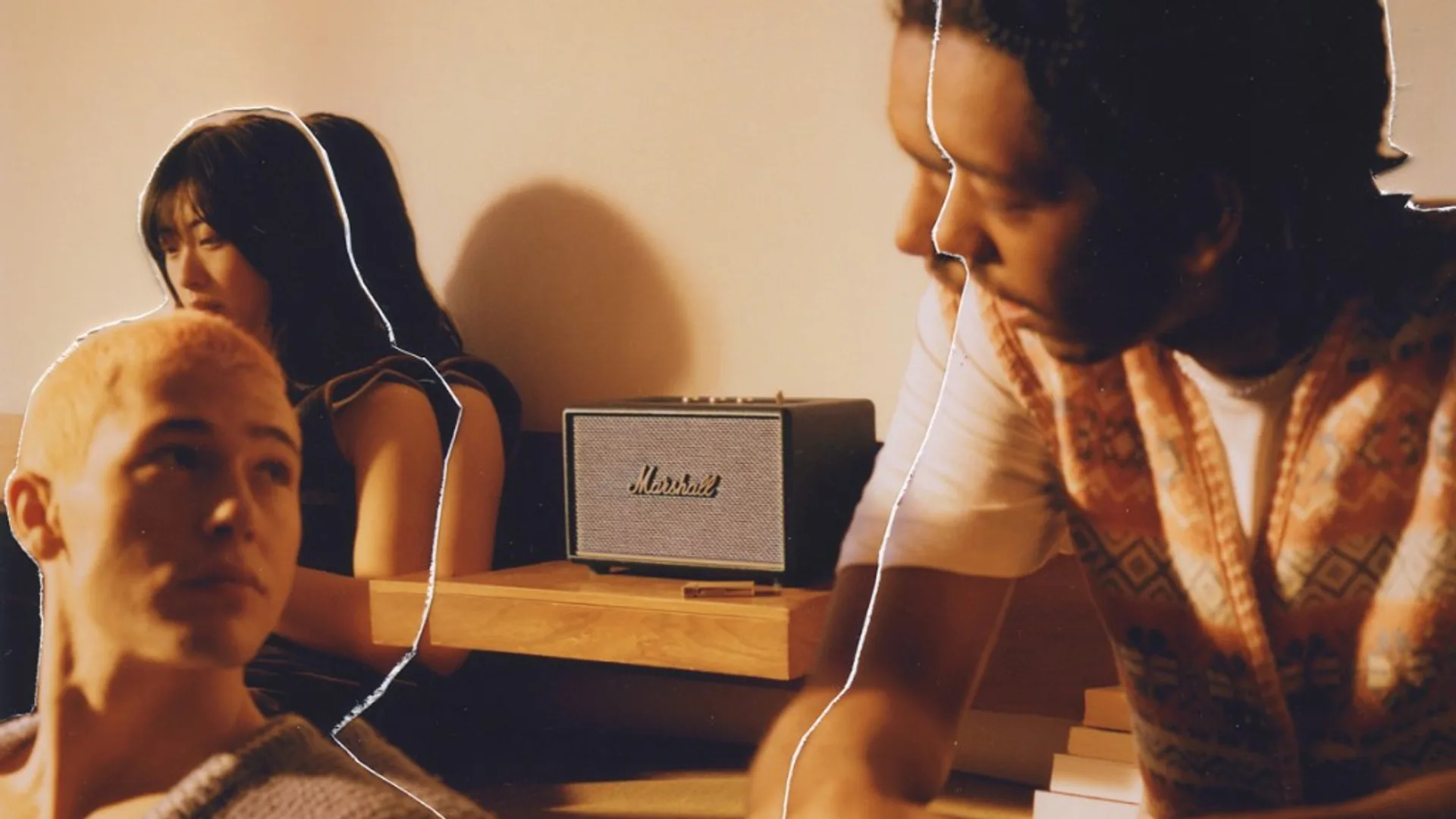 Stylized warm-lit room with young people and black Marshall Stanmore III on a wooden shelf, cutout collage style.