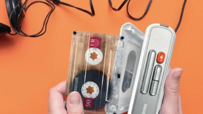 Top-down view of hands loading a Maxell UR 90 cassette into a white and silver Maxell portable cassette player on a bright o…