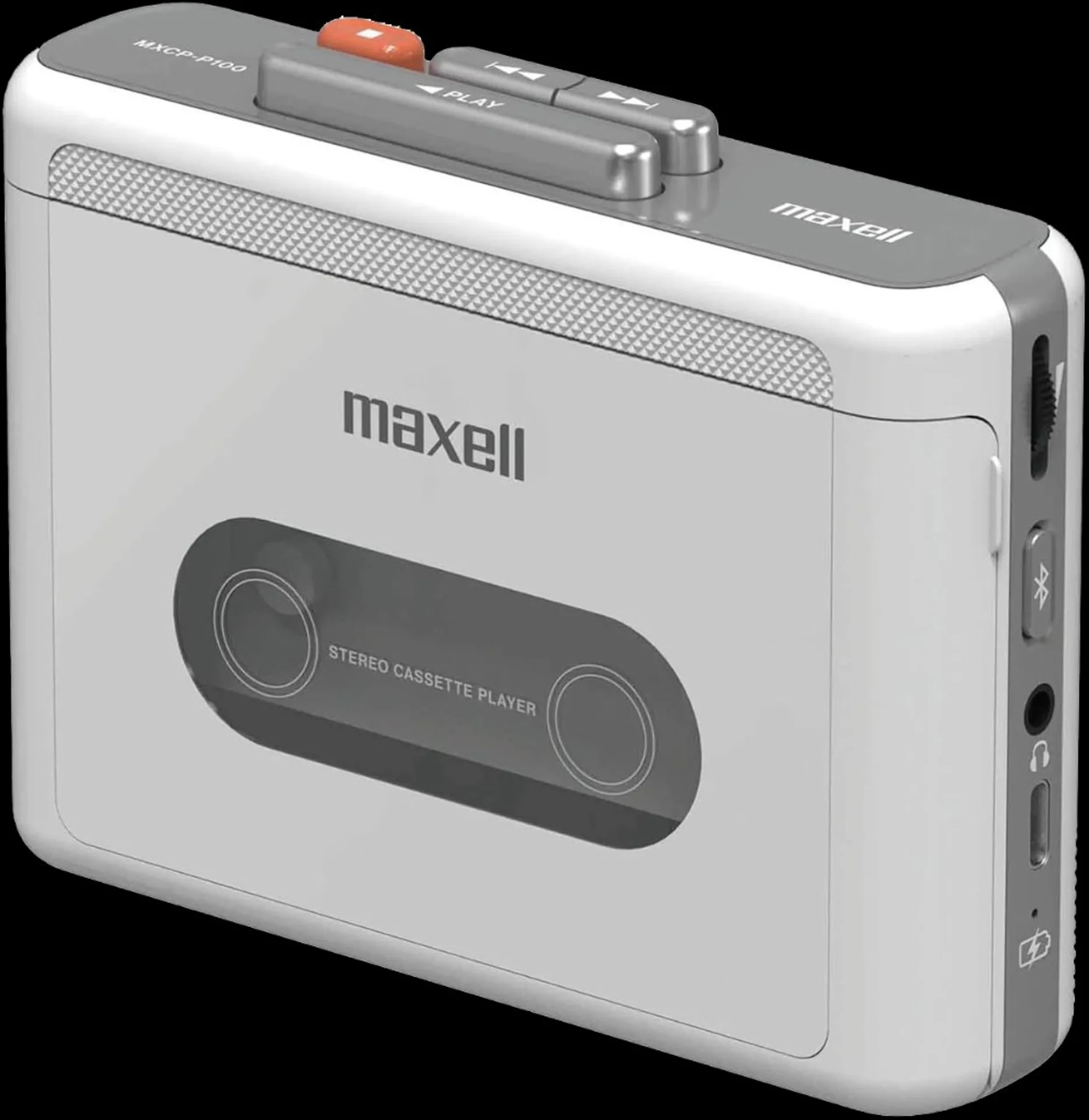 Maxell MXCP-P100 wireless portable stereo cassette player in white and grey with Bluetooth, USB-C, and cassette window, thre…