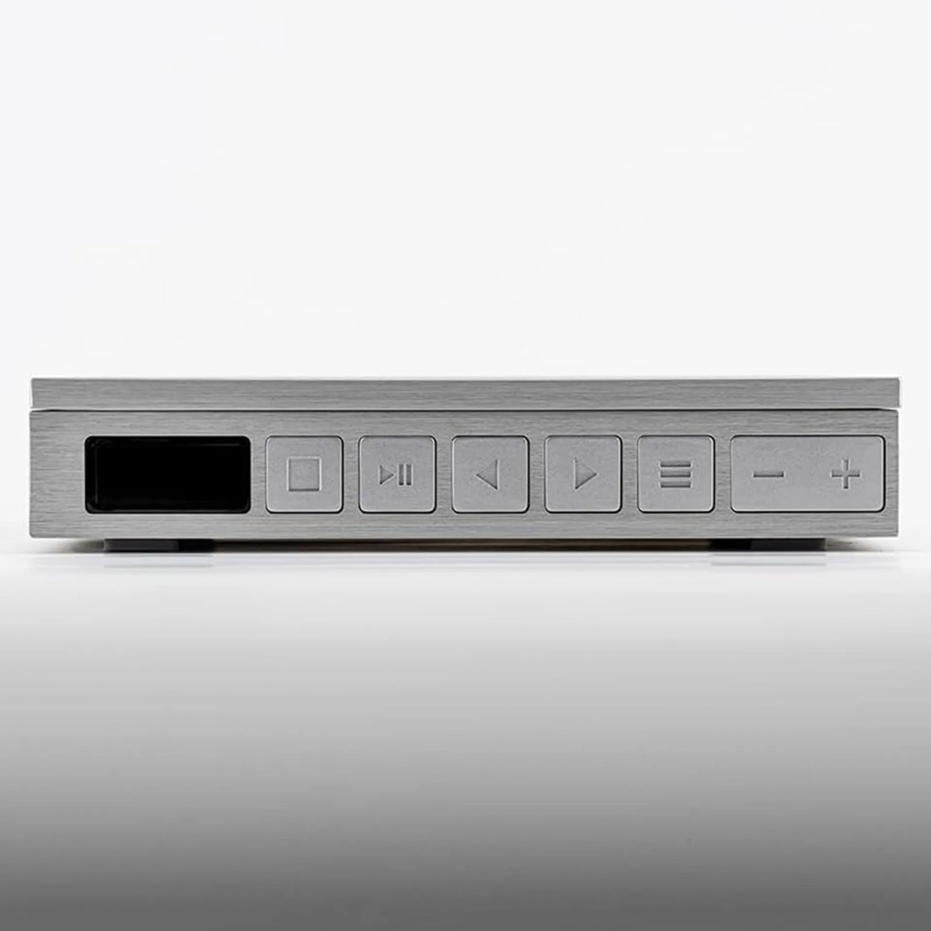 Moondrop DISCDREAM2 Ultra front panel: small display, square transport controls, and volume rocker on brushed silver.