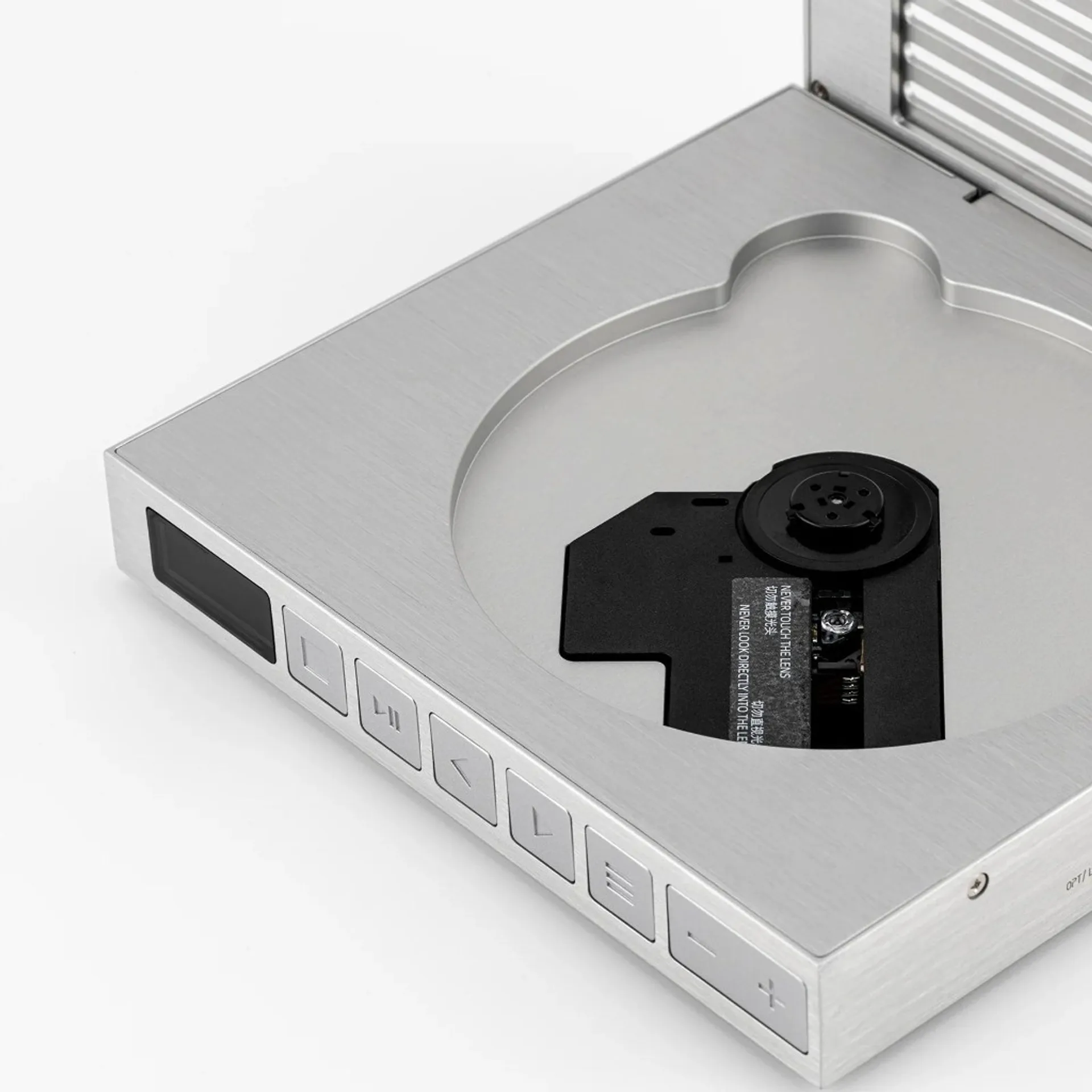 Moondrop DISCDREAM2 Ultra with top lid open showing CD tray, laser pickup, and lens warning label.