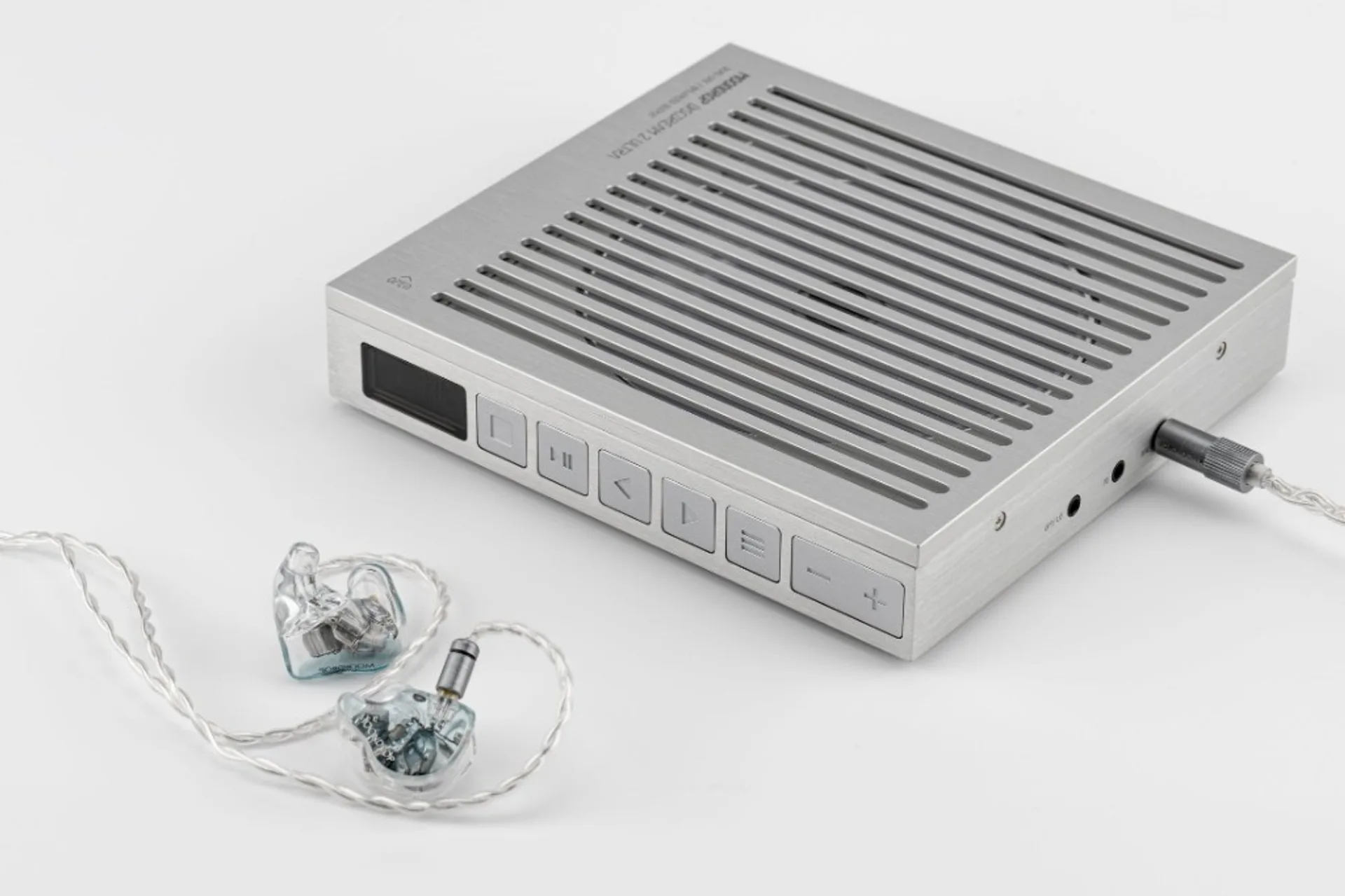 Moondrop DISCDREAM2 Ultra with translucent IEMs and silver braided cable on white background.