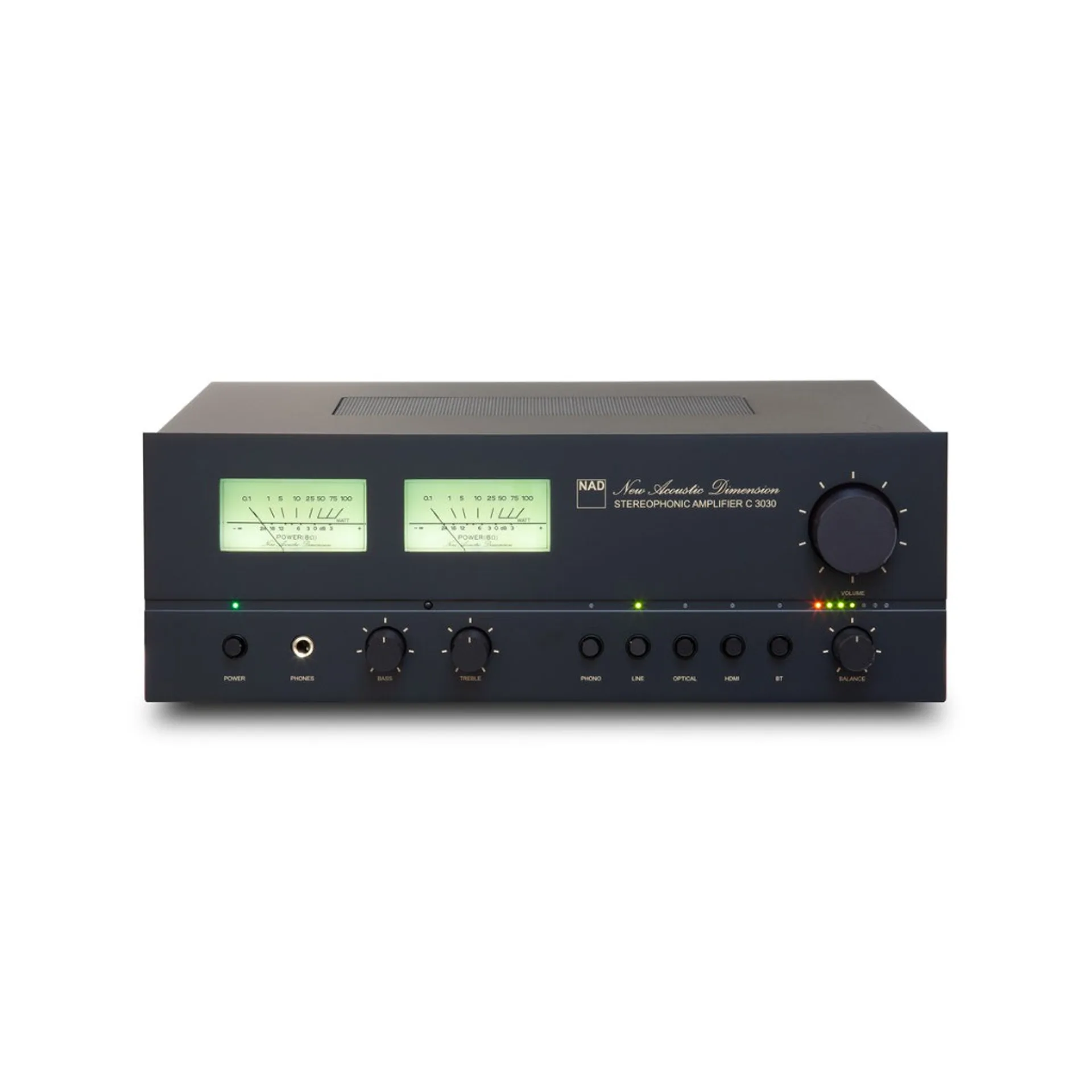 NAD C 3030 integrated amplifier product image with VU meters and front controls.