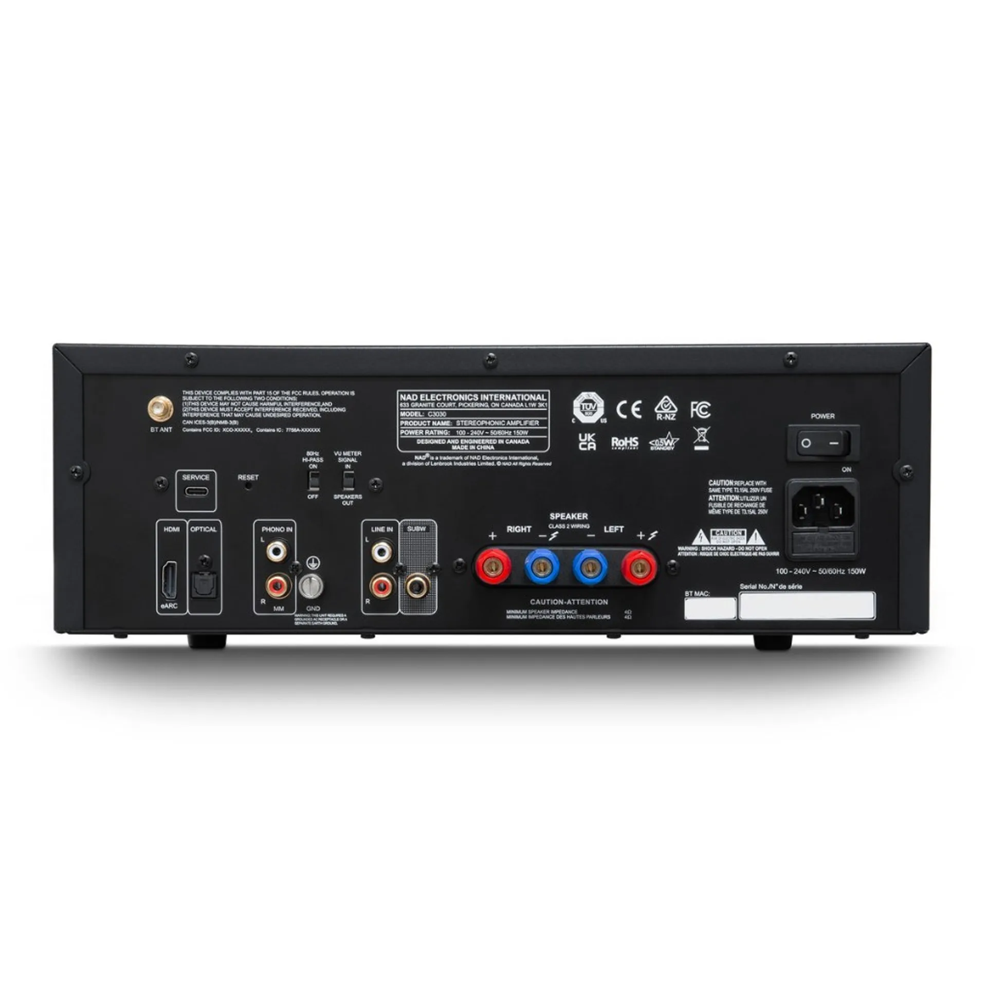 Rear panel of NAD C 3030 with HDMI eARC, optical, phono, line inputs, sub out, and speaker terminals.