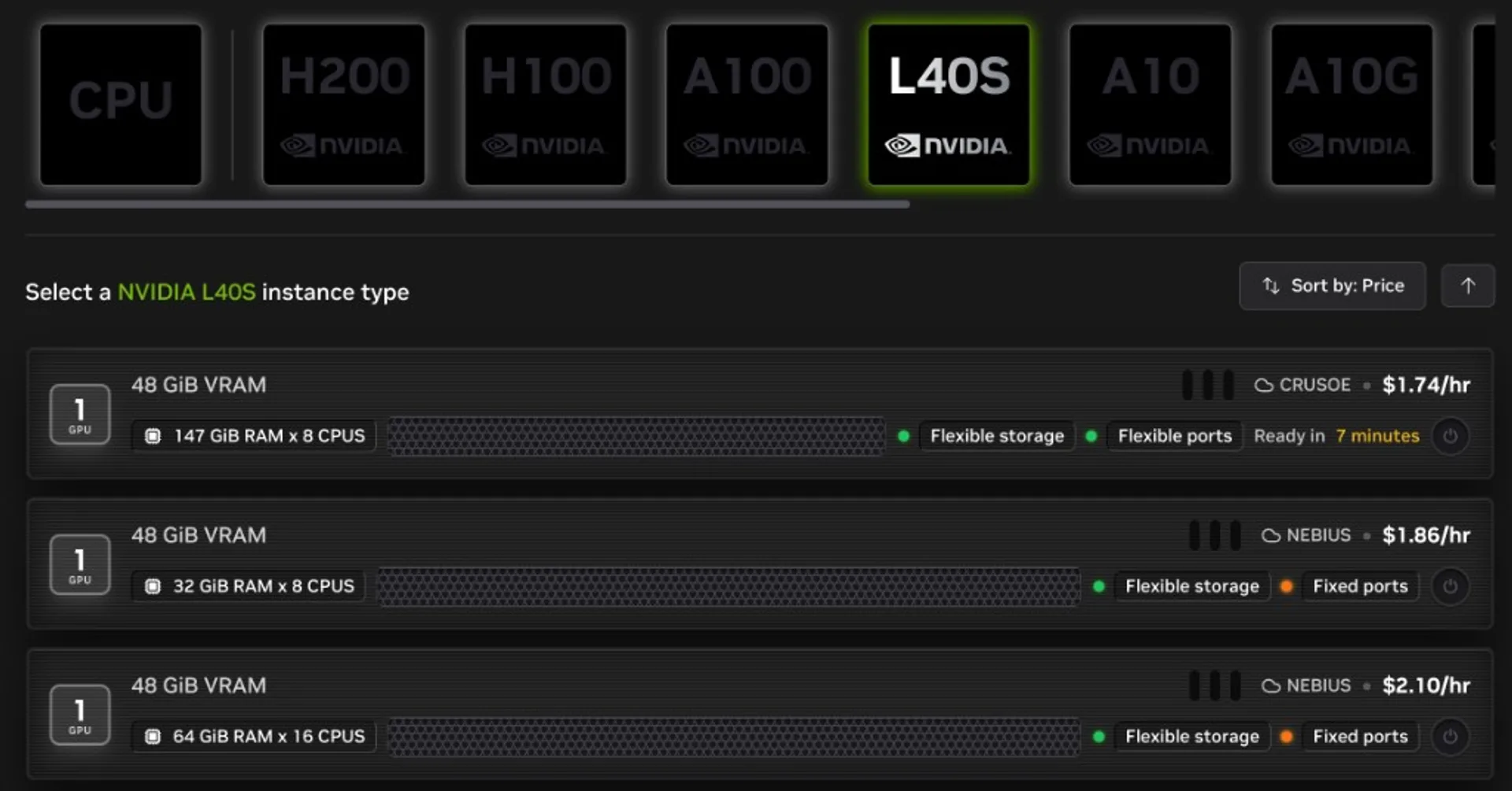 Screenshot: NVIDIA Build GPU instance picker for L40S with Crusoe and Nebius options, VRAM, RAM, CPU counts, and hourly pricing sorted by price.