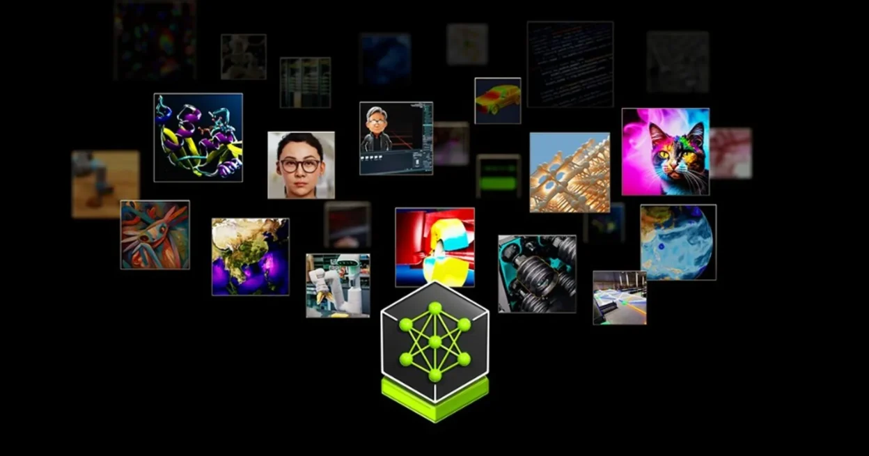Conceptual collage: NVIDIA NIM cube with floating tiles for robotics, healthcare, digital twins, generative media, code, and…