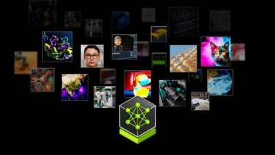 Conceptual collage: NVIDIA NIM cube with floating tiles for robotics, healthcare, digital twins, generative media, code, and…