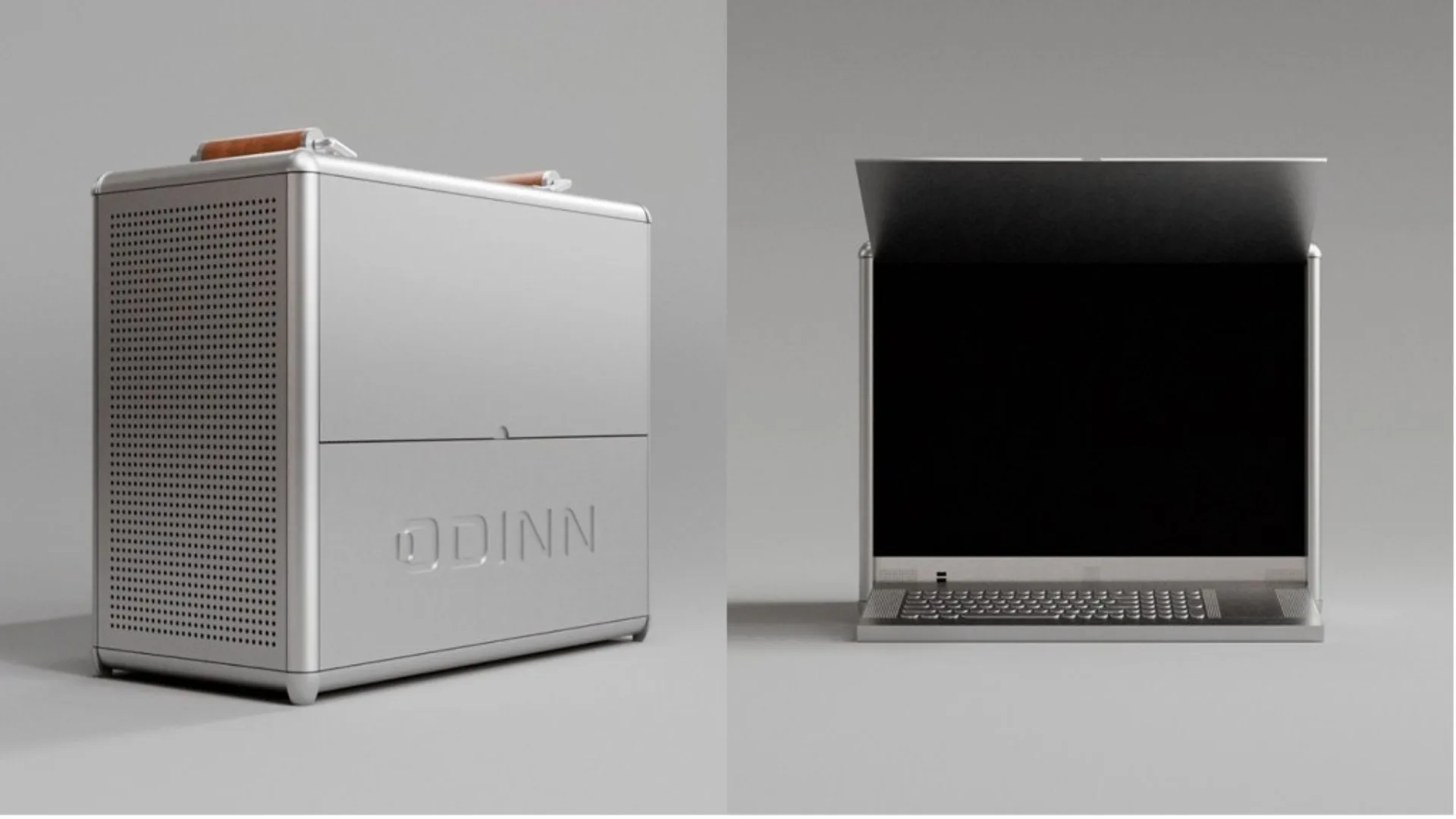ODINN portable AI workstation shown closed with leather handle and open with display and keyboard, silver industrial chassis.
