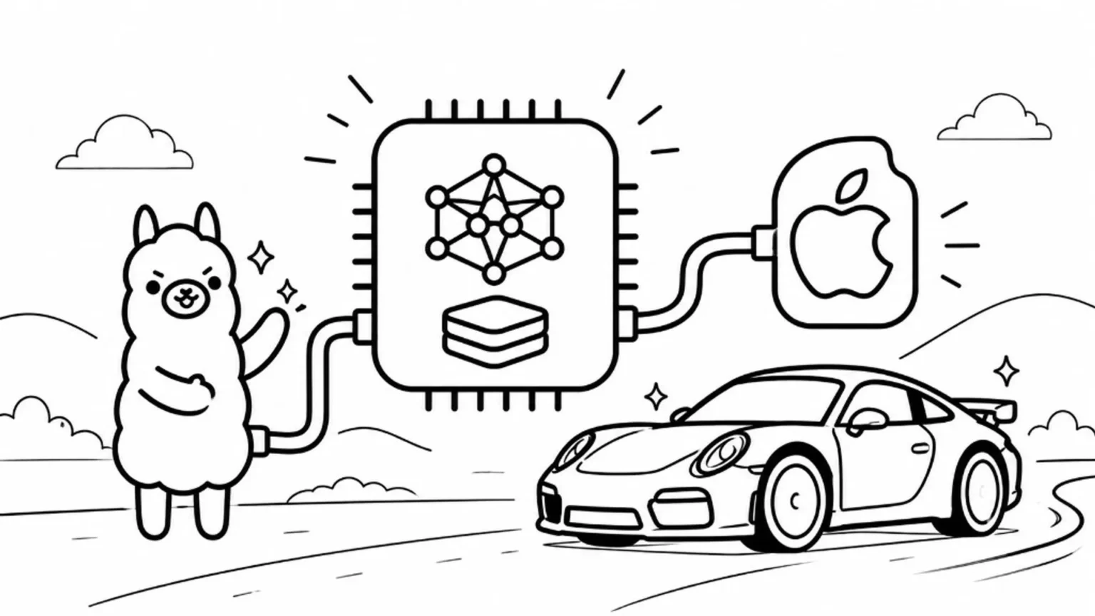 Line art illustration of a llama connected to a chip and Apple Silicon with a sports car, symbolizing fast local AI on Apple…