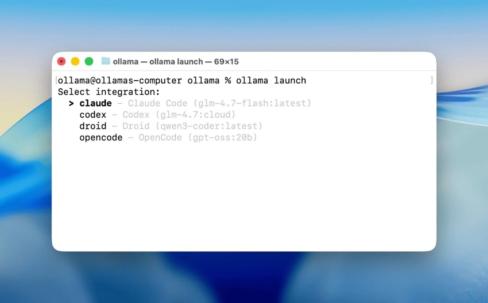 Terminal screenshot of ollama launch integration selector with Claude, Codex, Droid, and OpenCode options.