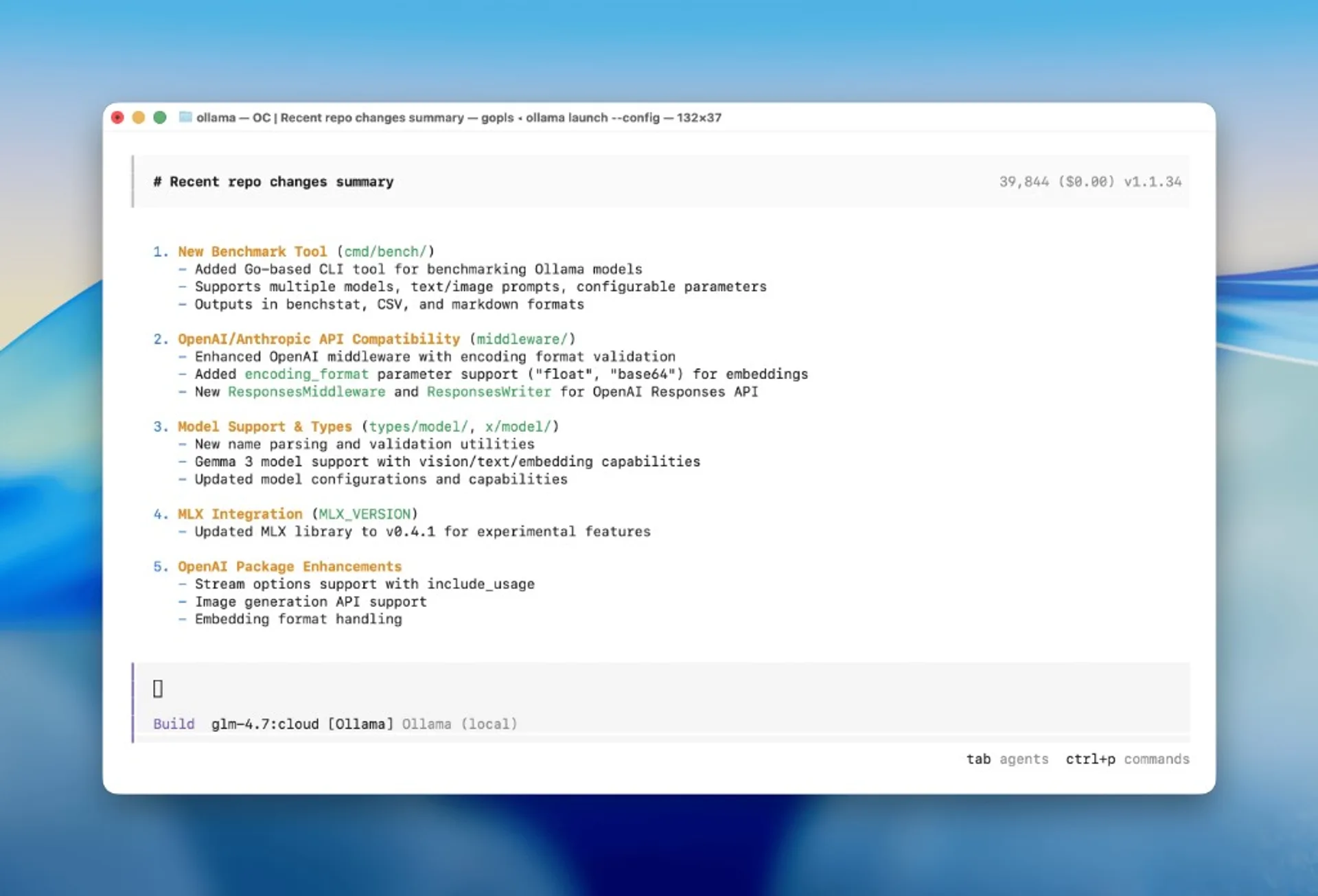 OpenCode terminal output launched via Ollama showing recent repository changes summary.