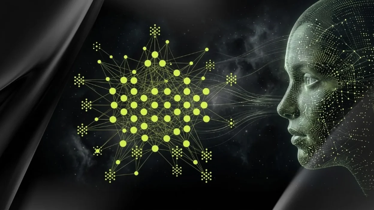 Poly AI review Abstract illustration of a wireframe human profile connected to a glowing neural network on a dark cosmic background.