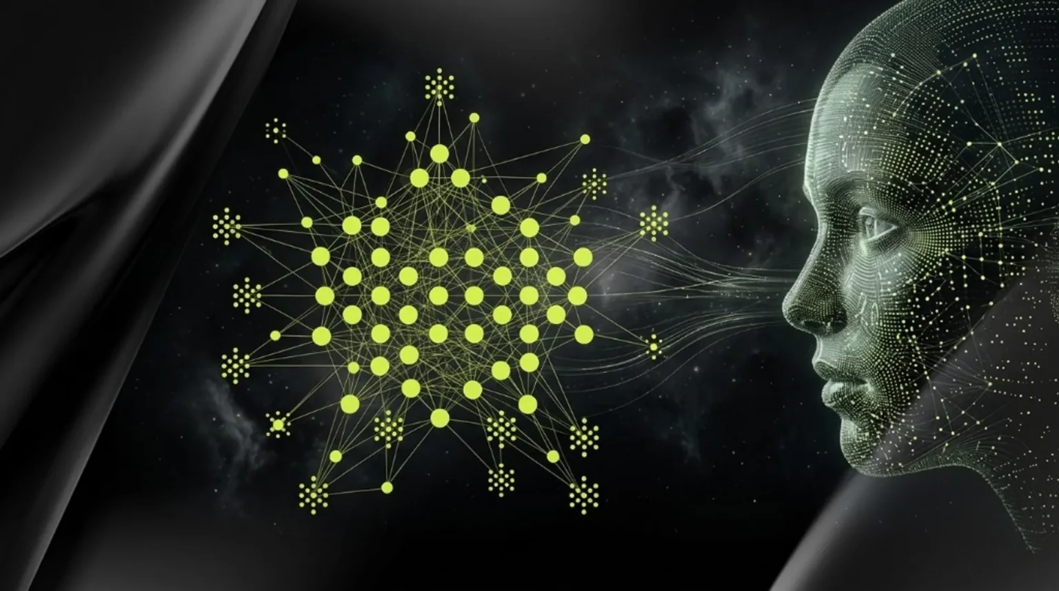 Poly AI review Abstract illustration of a wireframe human profile connected to a glowing neural network on a dark cosmic background.