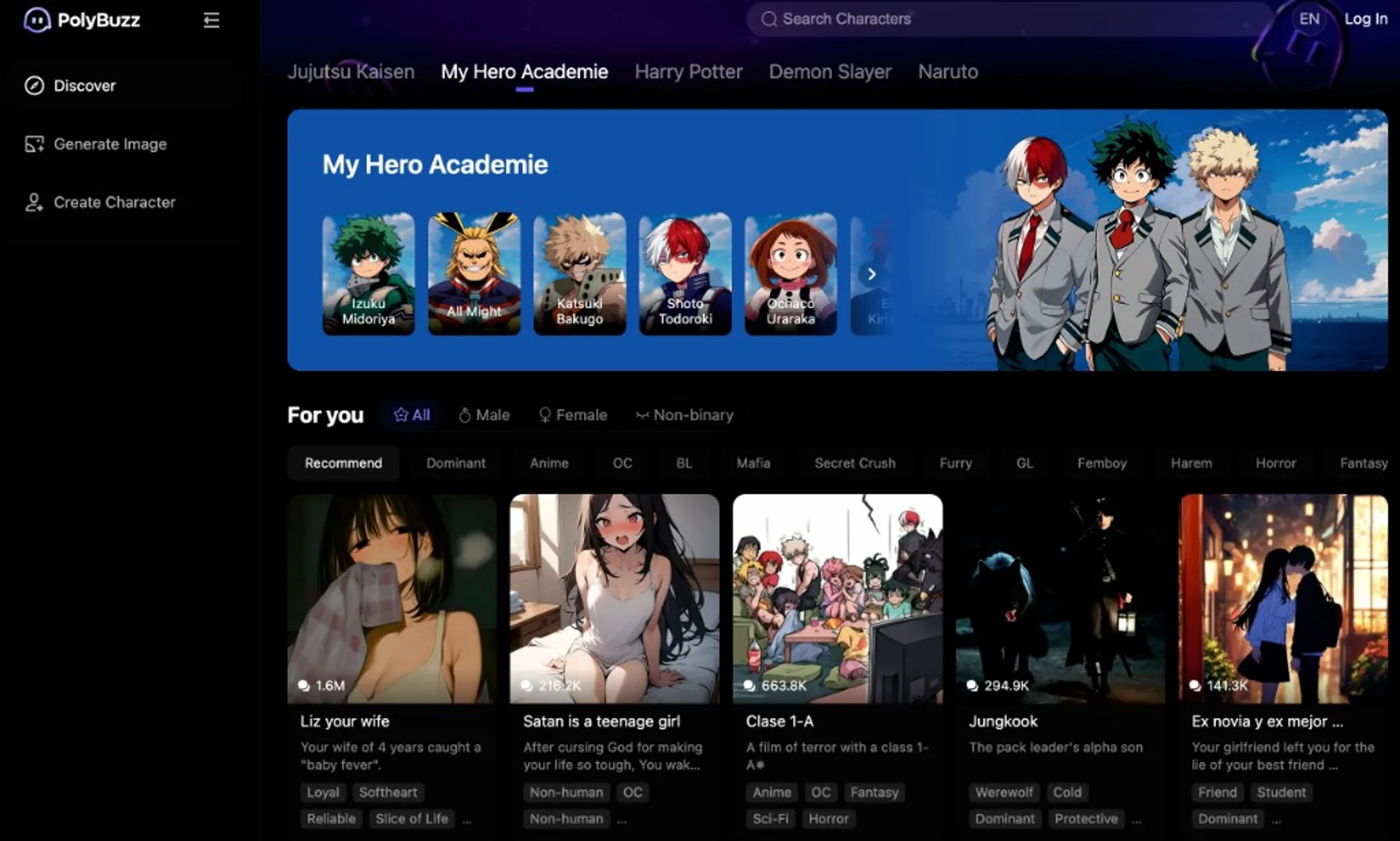 PolyBuzz web app screenshot: Discover view with My Hero Academia banner, For You filters, and character cards.