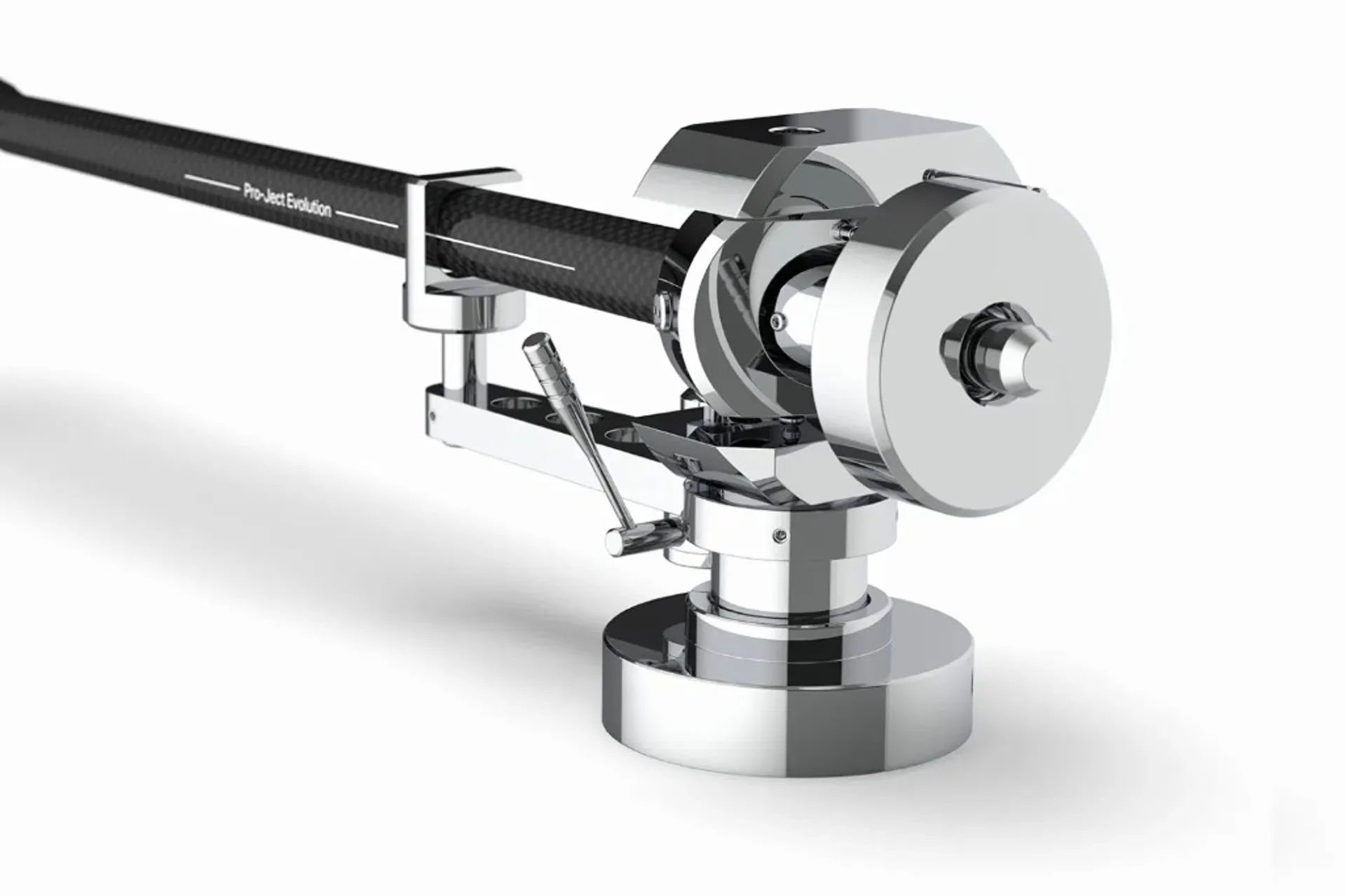 Close-up of Pro-Ject Evolution tonearm: carbon fiber tube and polished chrome bearing housing.