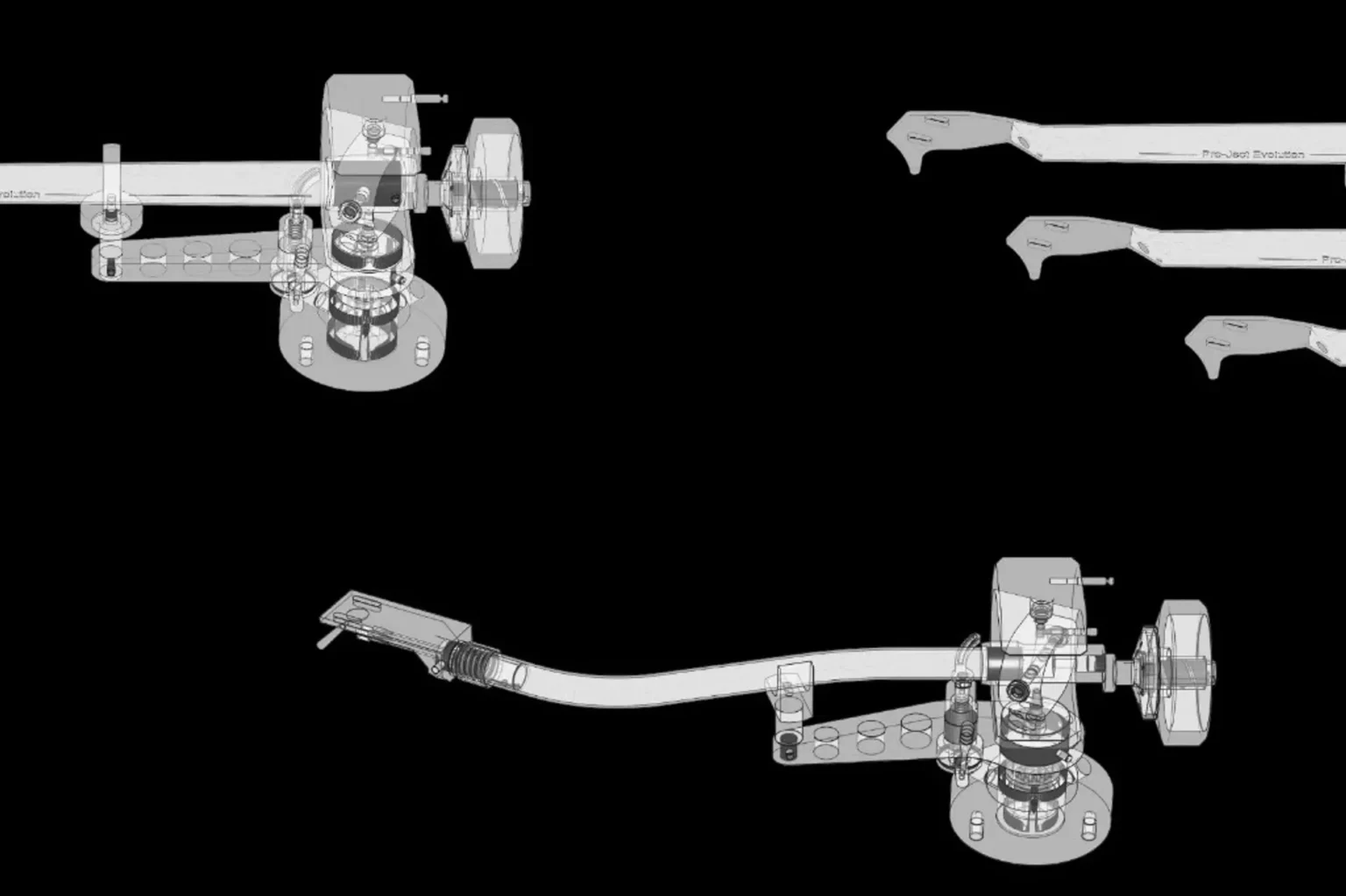 Technical 3D schematic of Pro-Ject Evolution tonearms and pivot assemblies on black background.