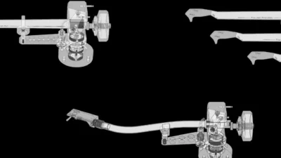 Technical 3D schematic of Pro-Ject Evolution tonearms and pivot assemblies on black background.