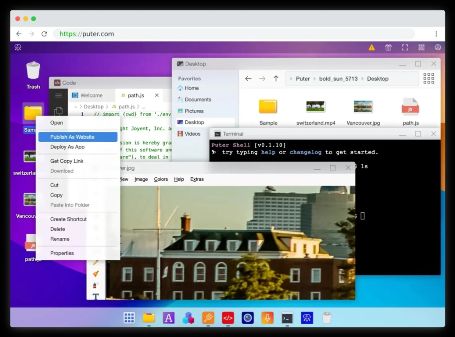 Puter.com cloud OS in a browser: desktop with code editor, terminal, file explorer, and Publish As Website menu highlighted.