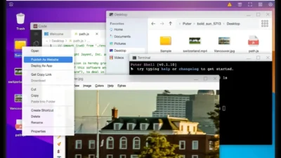 Puter.com cloud OS in a browser: desktop with code editor, terminal, file explorer, and Publish As Website menu highlighted.
