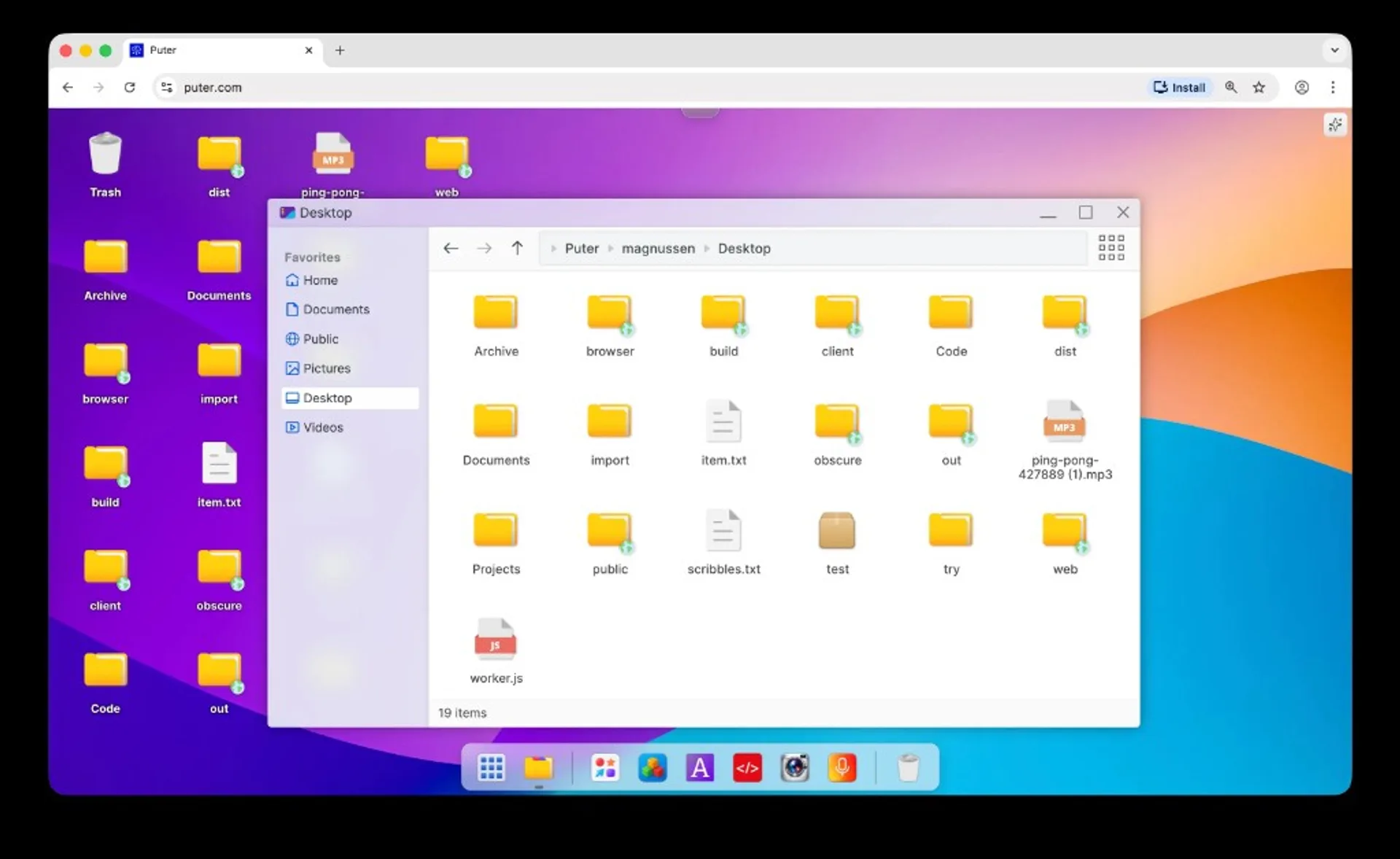 Puter.com running in Chrome: full web desktop with colorful wallpaper, file explorer on Desktop path, dock, and desktop icon…