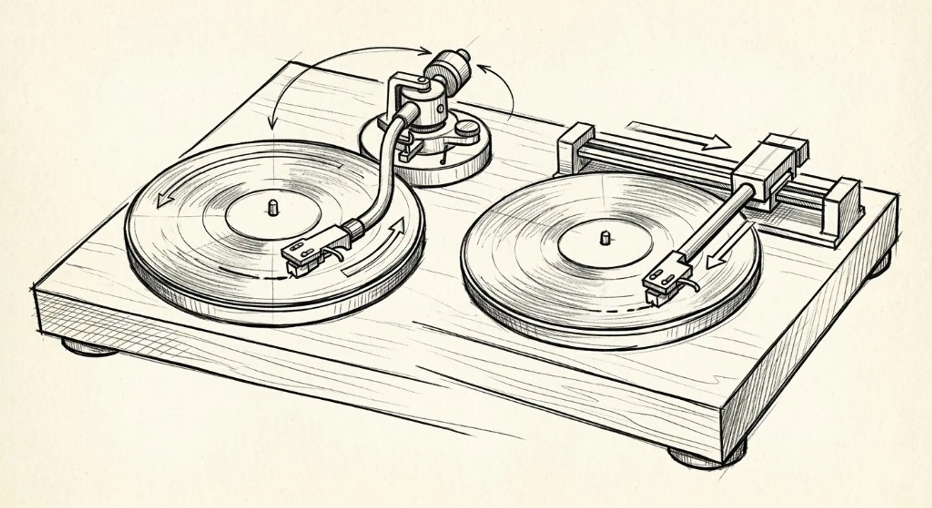 Technical sketch comparing radial pivoted tonearm left and linear tracking tonearm on a rail right, on a wooden turntable pl…