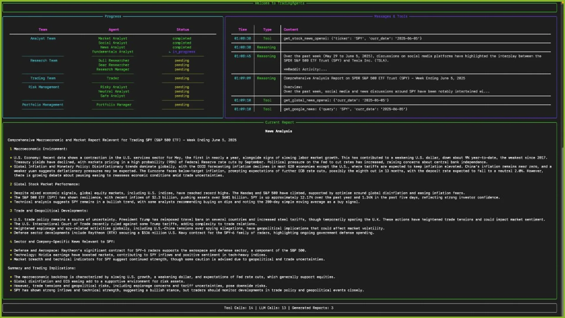 TradingAgents terminal dashboard: agent team progress, tool and reasoning log, SPY news analysis report.