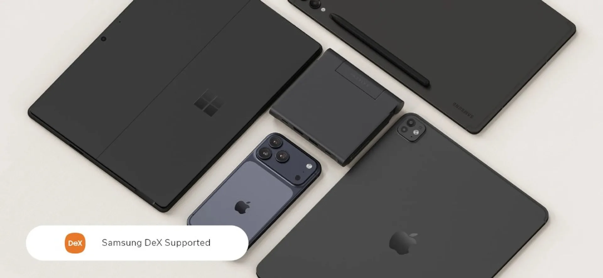 Satechi OntheGo Foldable Stand Hub compatibility banner with iPad, Surface, Samsung tablet and phone, and Samsung DeX supported badge.