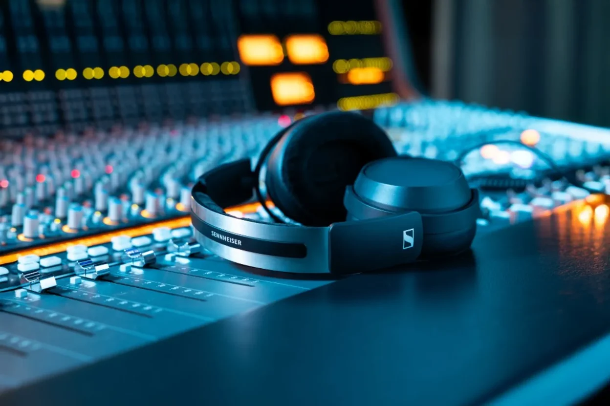 Sennheiser over-ear headphones on professional mixing console, blue and amber console lights, shallow depth of field.