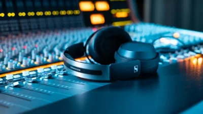 Sennheiser over-ear headphones on professional mixing console, blue and amber console lights, shallow depth of field.