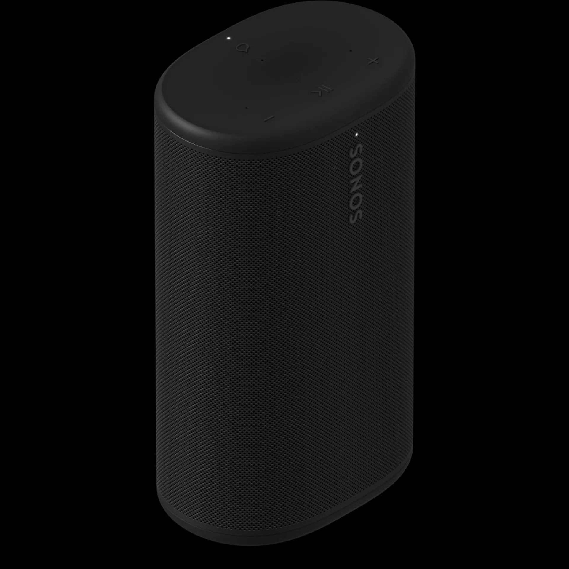 Sonos Play black finish product render on dark background showing top controls and grille texture.