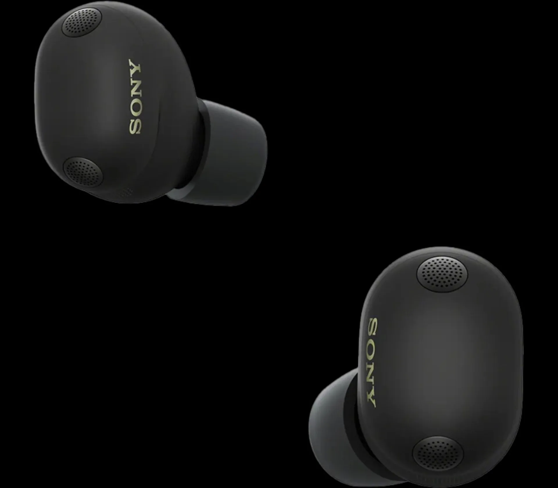 Sony WF-1000XM6 black earbuds with open charging case on dark background.