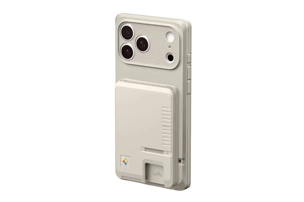 Rear view of iPhone in beige Spigen Classic case with Macintosh-style hello window, vents, and four-color retro logo.