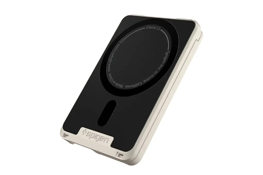 Spigen Classic LS MagSafe card holder with black face, cream frame, circular magnet ring, and embossed spigen logo.