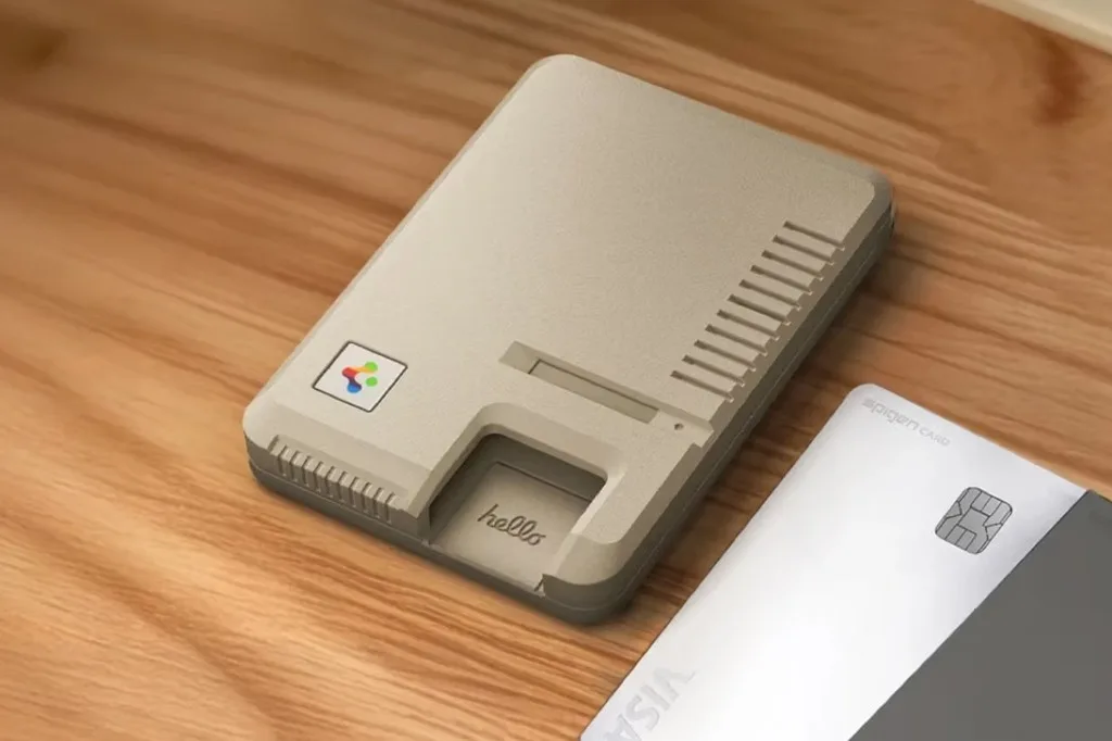 Spigen retro beige card wallet with hello script and four-color logo on a wood desk next to sample cards.