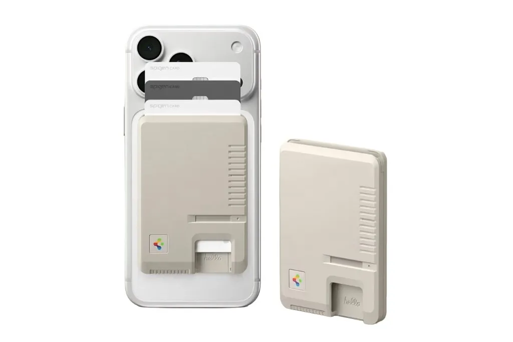 Spigen magnetic card wallet with Macintosh-inspired beige design attached to an iPhone plus standalone product shot.