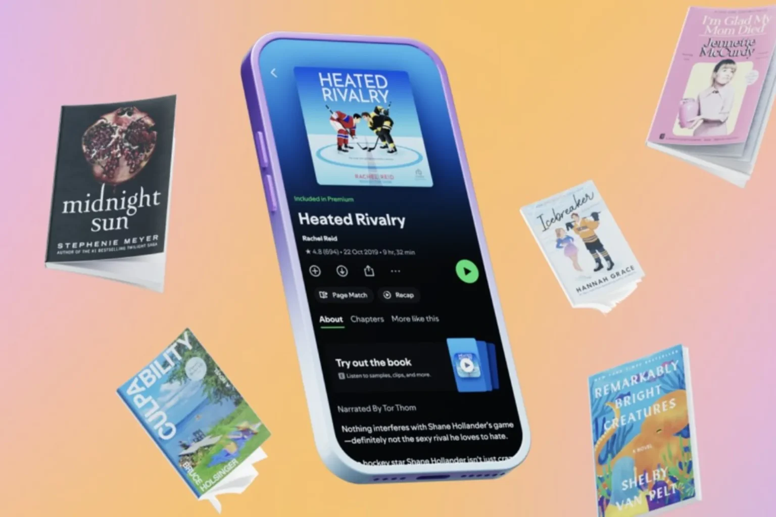 Spotify app on a phone showing audiobook Heated Rivalry, with floating bestseller covers on a pastel gradient.