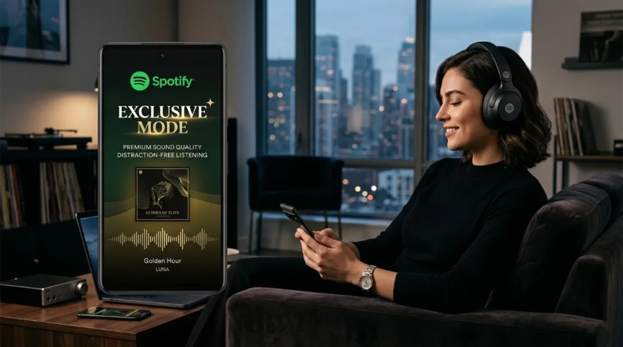 Spotify Exclusive Mode promo graphic: phone UI with premium sound messaging and listener with headphones in a city apartment…