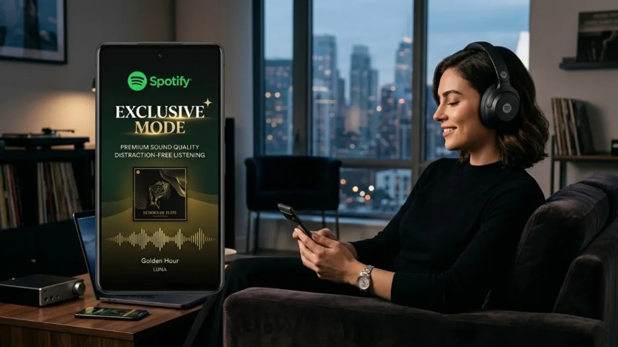 Spotify Exclusive Mode promo graphic: phone UI with premium sound messaging and listener with headphones in a city apartment…
