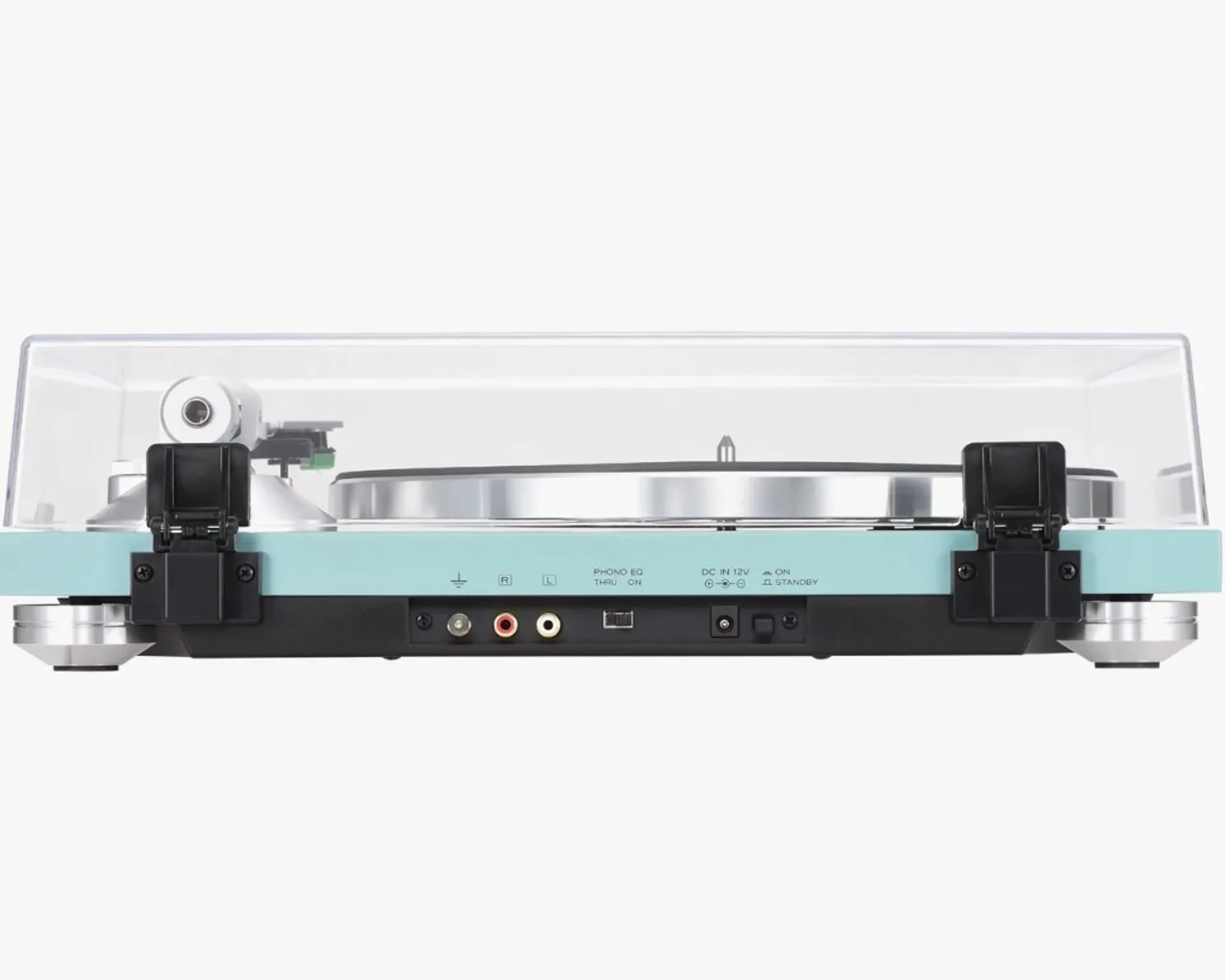 TEAC TN-400BT-X rear panel: ground, RCA L/R, Phono EQ thru-on switch, DC 12V in and standby power on turquoise and black pli…