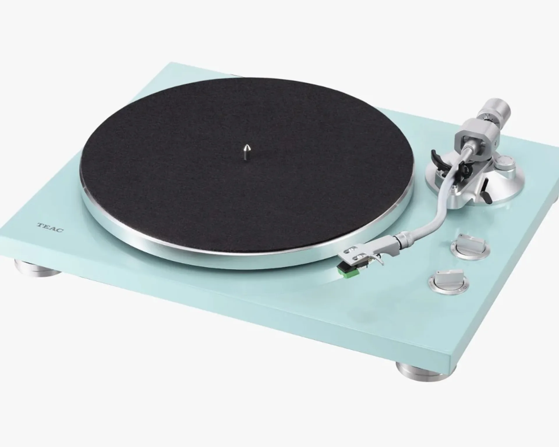 TEAC TN-400BT-X turntable three-quarter view: mint turquoise plinth, silver platter with felt mat, S-shaped tonearm and TEAC…
