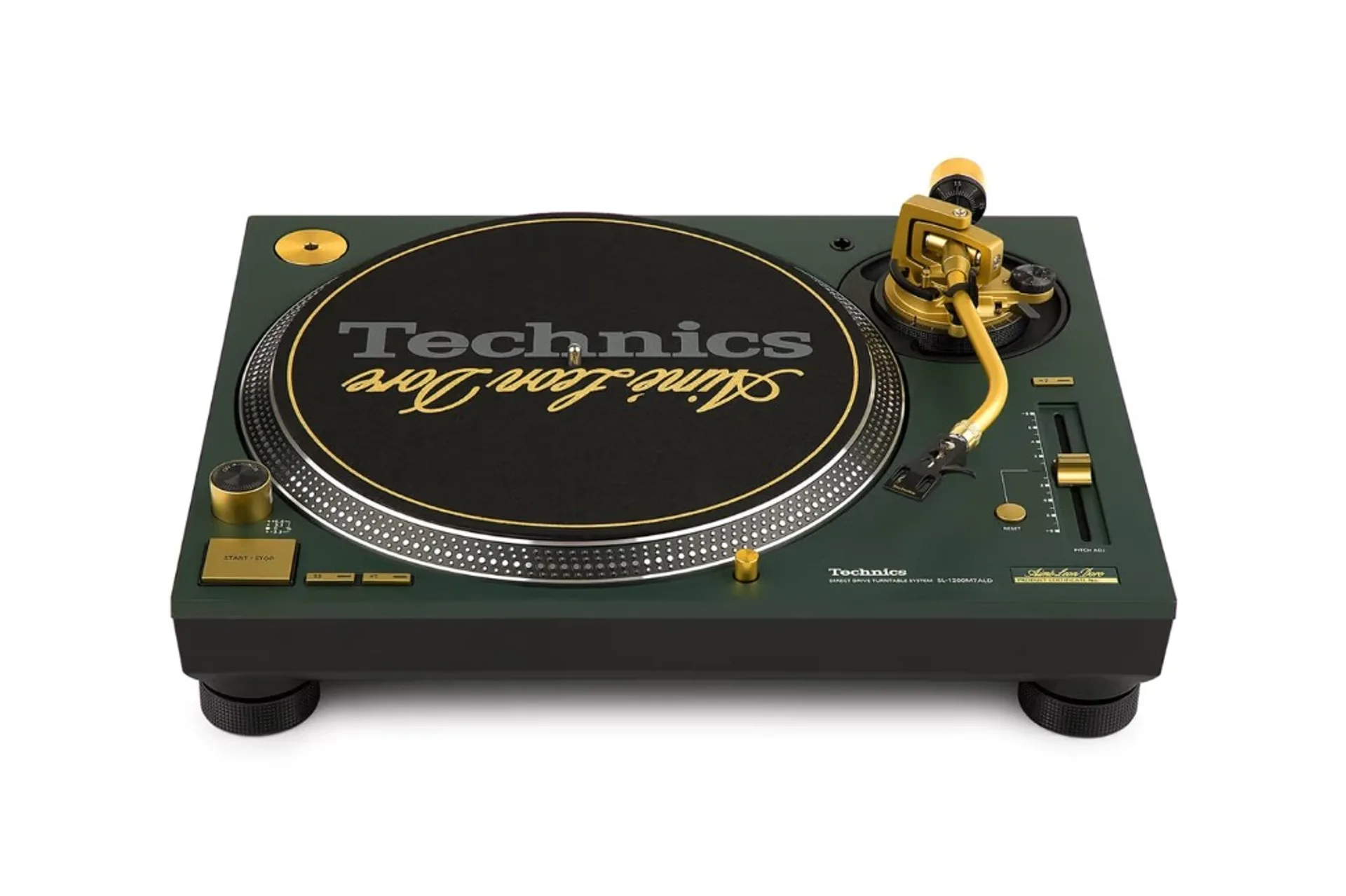 Technics SL-1200M7ALD direct drive turntable Aimé Leon Dore collab, front three-quarter on white: green top plate, gold hard…