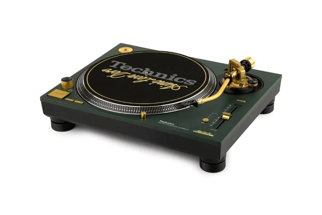 Technics SL-1200M7ALD x Aimé Leon Dore limited turntable: forest green plinth, gold S-tonearm and controls, black slipmat wi…