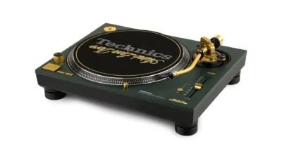 Technics SL-1200M7ALD x Aimé Leon Dore limited turntable: forest green plinth, gold S-tonearm and controls, black slipmat wi…