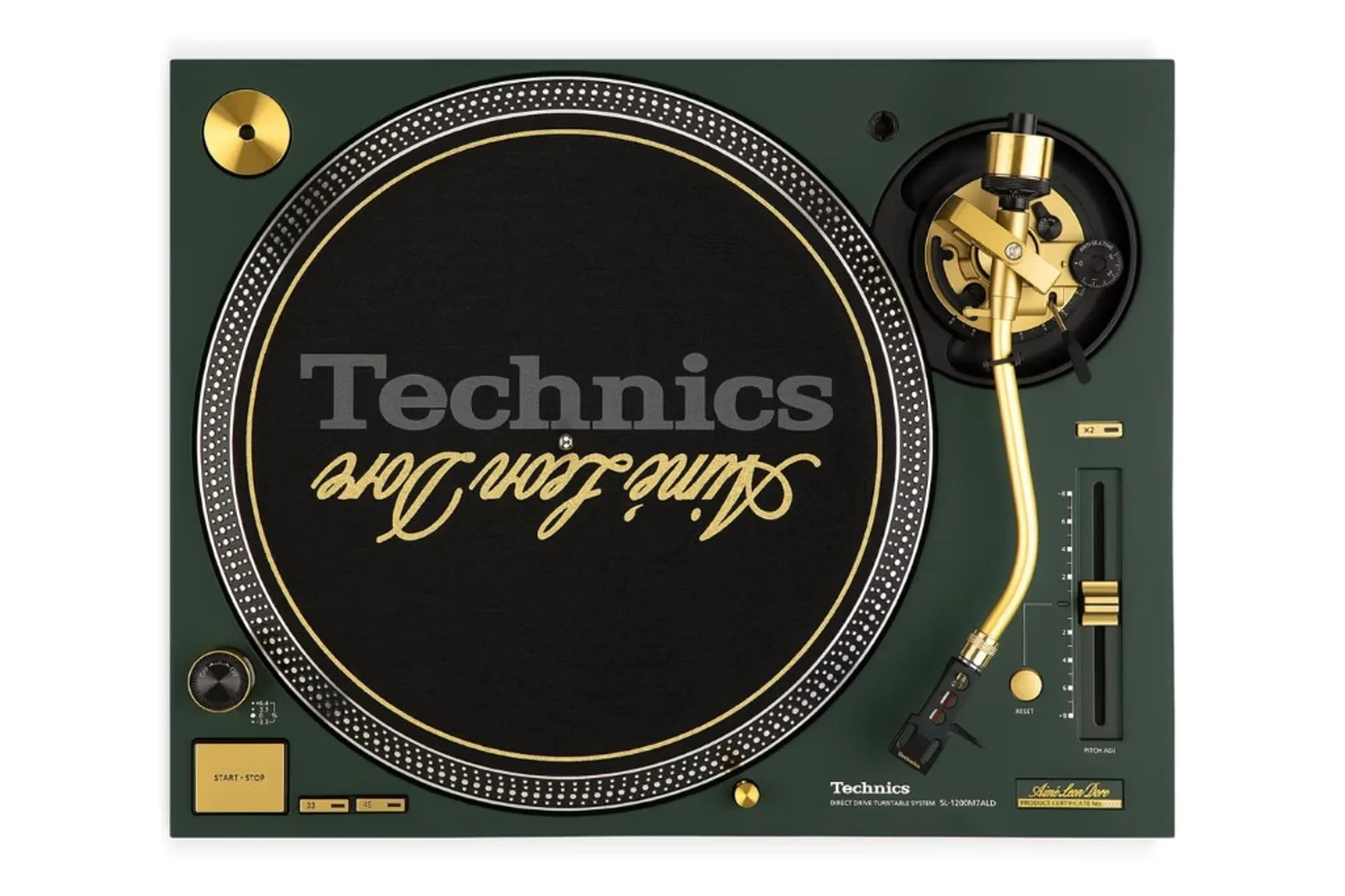 Top view Technics SL-1200M7ALD Aimé Leon Dore edition: green chassis, gold tonearm and pitch fader, slipmat with Technics wo…