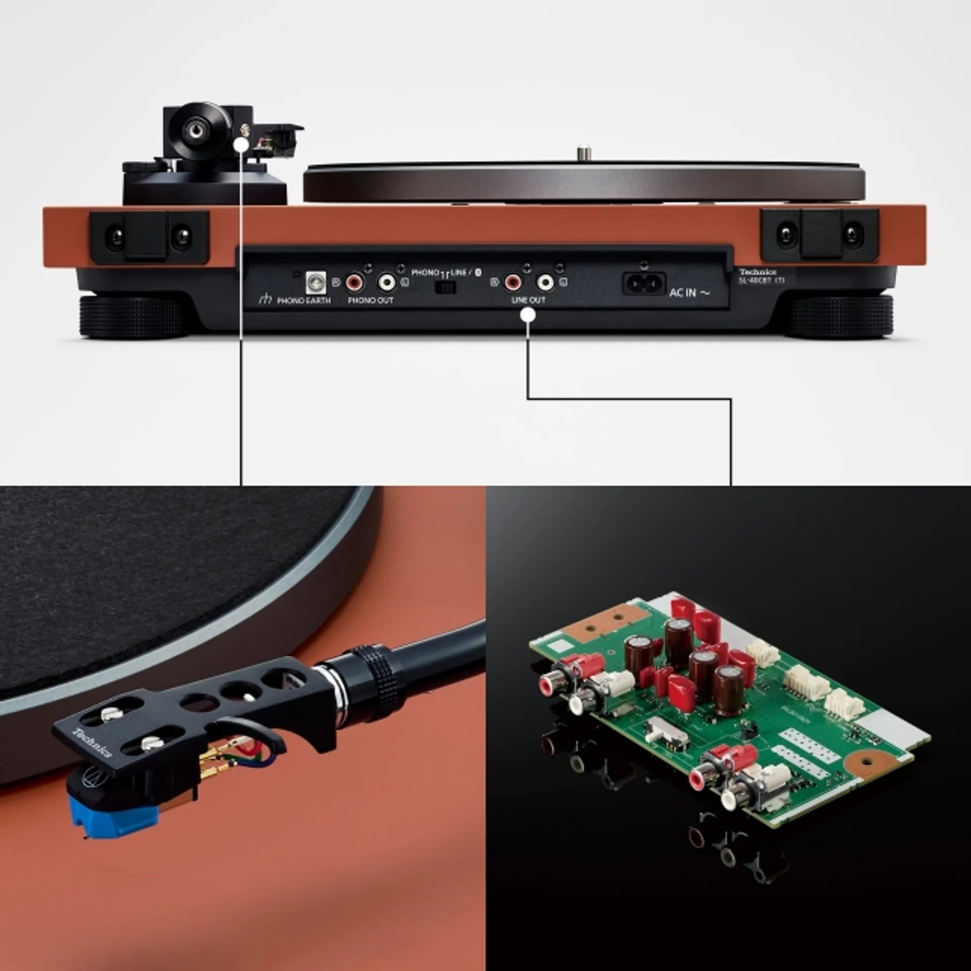 Technics SL-50C collage showing rear connections, cartridge area, and internal phono board.