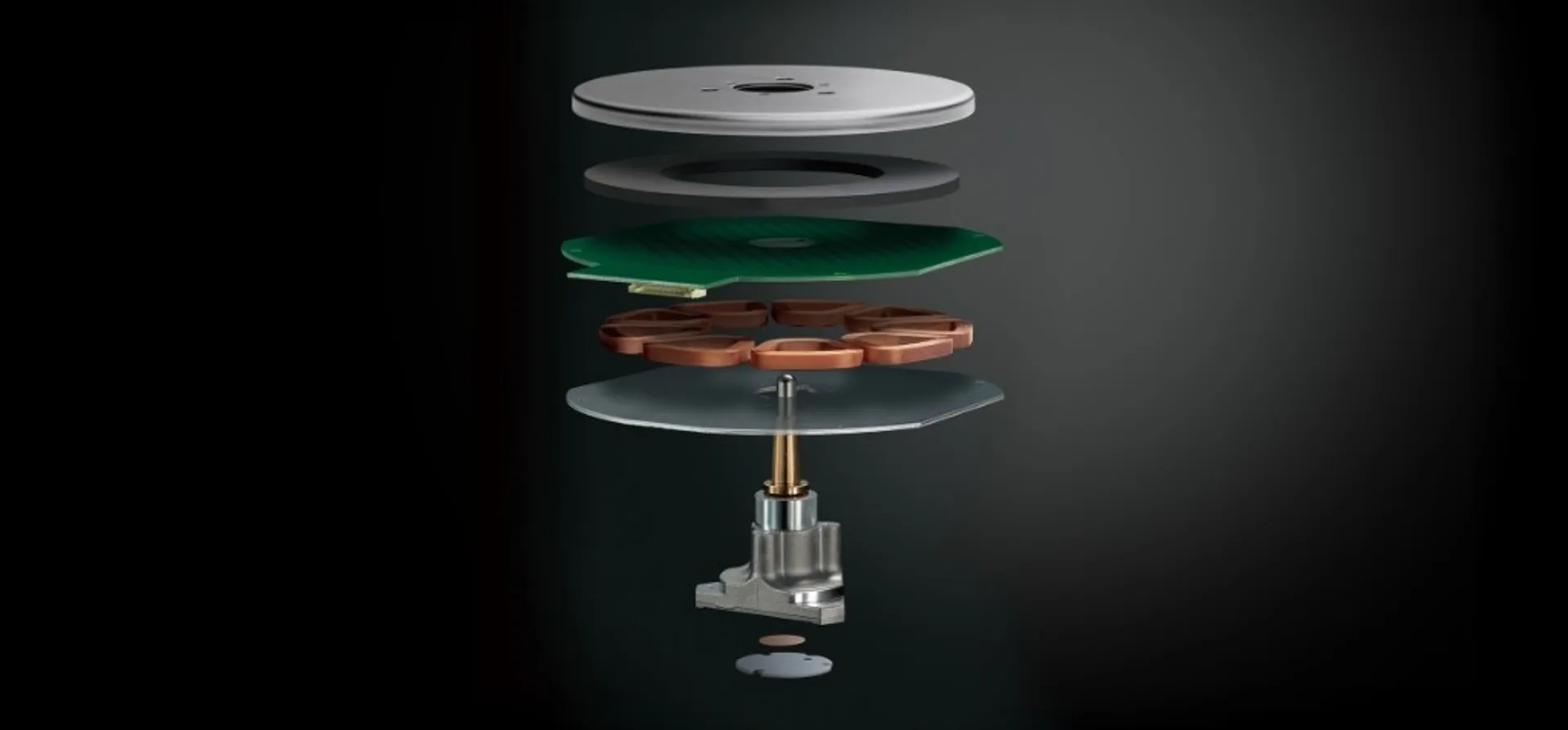 Exploded view of Technics SL-50C direct-drive motor and platter assembly.